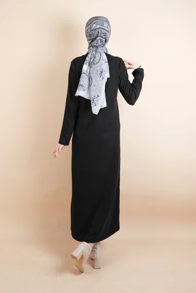 Tesettür Elbise Ön Deri Kare Parçalı Fitilli Elbise Siyah - 3