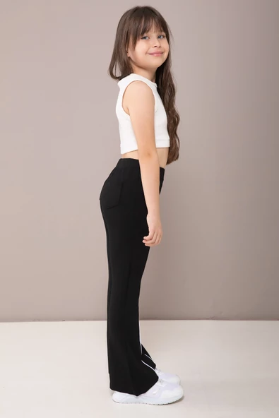 Siyah Önü Biyeli İspanyol Paça Kız Çocuk Tayt 19843 - 3