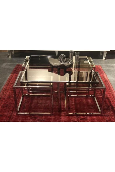 Onurdesign Kante Metal Crom Kaplama Bronz Şeffaf Camlı Kare Orta Sehpa 4+1 - 2