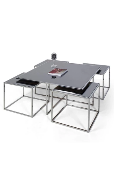 Onurdesign Kante Metal Crom Kaplama Füme Aynalı Orta Sehpa 4+1