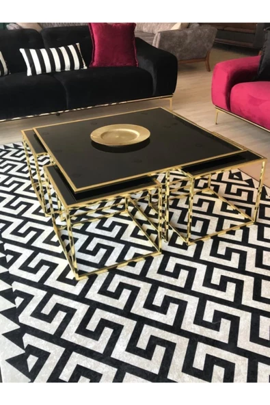 Onurdesign Kante Metal Gold Kaplama Siyah Camlı Kare Orta Sehpa 4+1 - 2