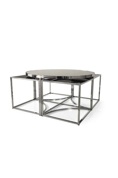 Onurdesign Sosa Metal Crom Füme Aynalı Yuvarlak Orta Sehpa 4+1