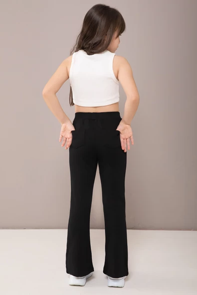 Siyah Önü Biyeli İspanyol Paça Kız Çocuk Tayt 19843 - 4