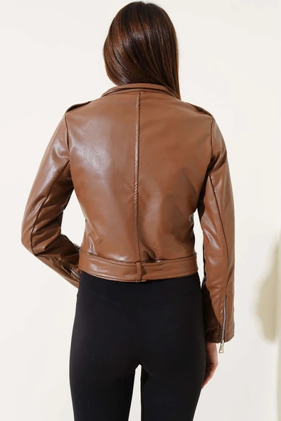 Kemerli Fermuarlı Kısa Deri Ceket Taba - 3