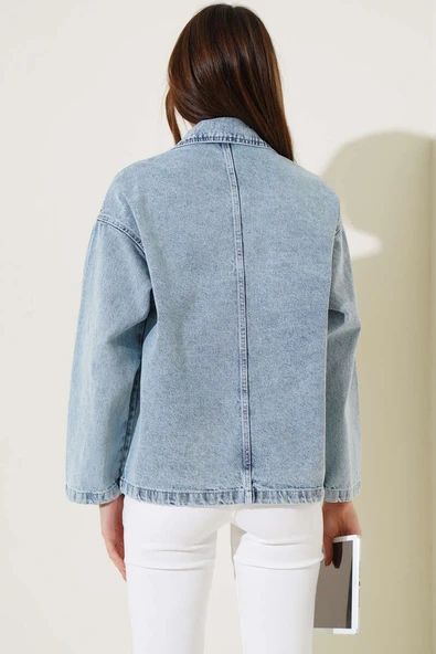 Kruvaze Yaka Kısa Kot Ceket Açık Kar - Resim 3