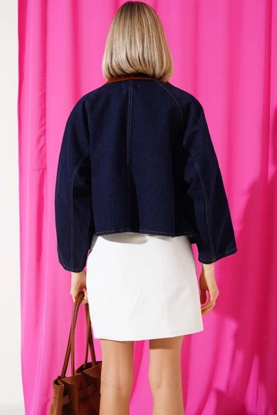 Kadife Yakalı Kısa Kot Ceket Lacivert - Resim 3