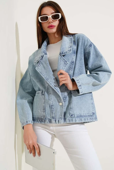 Kruvaze Yaka Kısa Kot Ceket Açık Kar - Resim 2