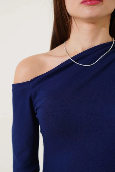 Tek Omuz Basic Elbise Lacivert - Resim 4