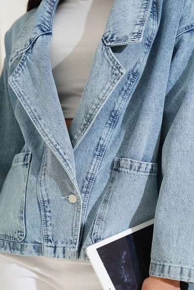 Kruvaze Yaka Kısa Kot Ceket Açık Kar - Resim 4