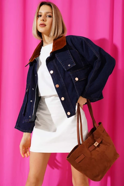 Kadife Yakalı Kısa Kot Ceket Lacivert - Resim 2