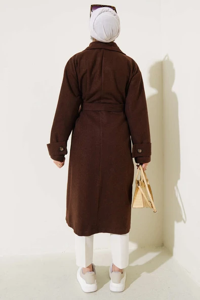 Kol Düğmeli Kaşe Kaban Kahve - 3