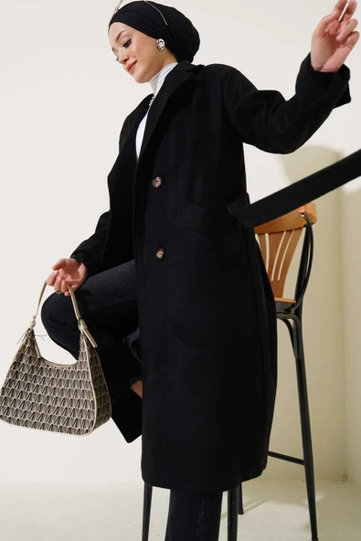 Kol Düğmeli Kaşe Kaban Siyah - Resim 1