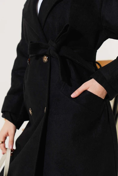 Kol Düğmeli Kaşe Kaban Siyah - Resim 4