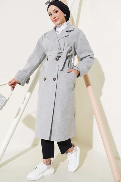 Kol Düğmeli Kaşe Kaban Gri