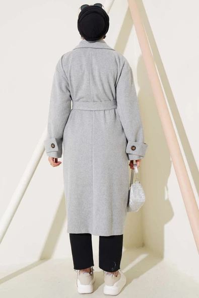 Kol Düğmeli Kaşe Kaban Gri - 3