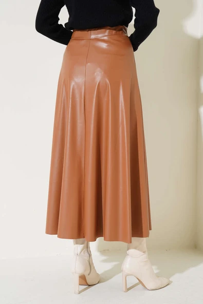 Beli Lastikli Kloş Deri Etek Latte - Resim 3