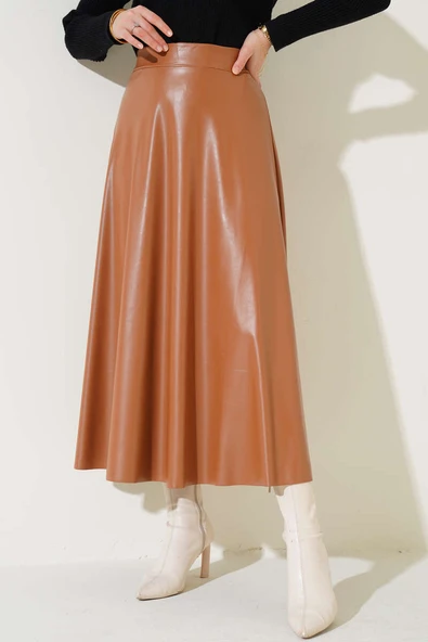 Beli Lastikli Kloş Deri Etek Latte ürün görseli 1