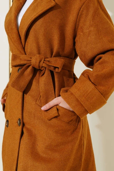 Kol Düğmeli Kaşe Kaban Hardal - Resim 4