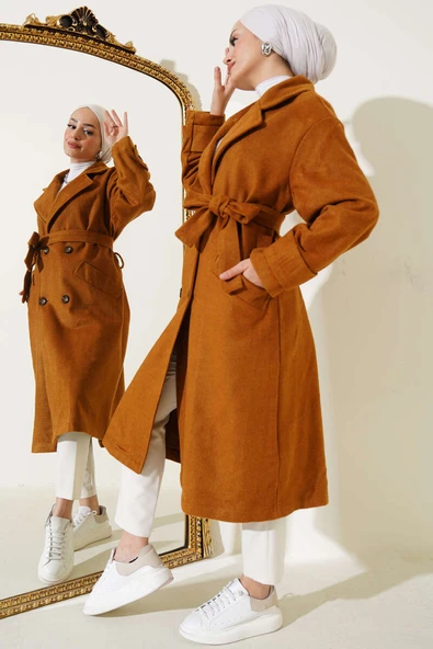 Kol Düğmeli Kaşe Kaban Hardal ürün görseli 1