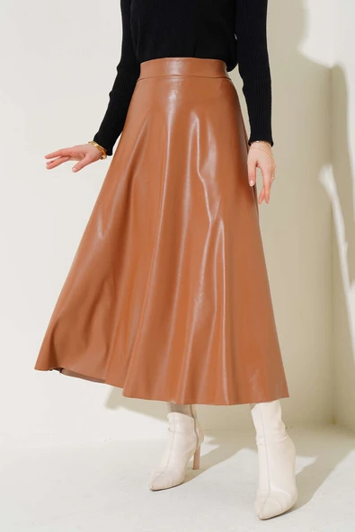 Beli Lastikli Kloş Deri Etek Latte - Resim 2