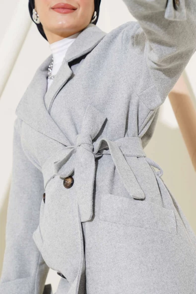 Kol Düğmeli Kaşe Kaban Gri - 4