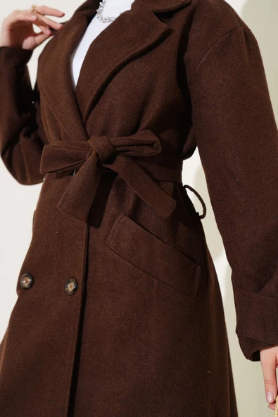 Kol Düğmeli Kaşe Kaban Kahve - 4