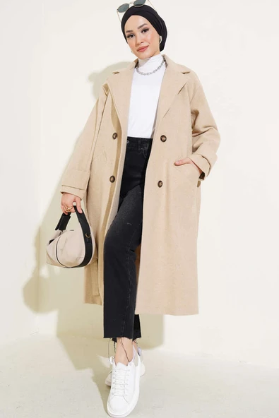 Kol Düğmeli Kaşe Kaban Bej ürün görseli 1
