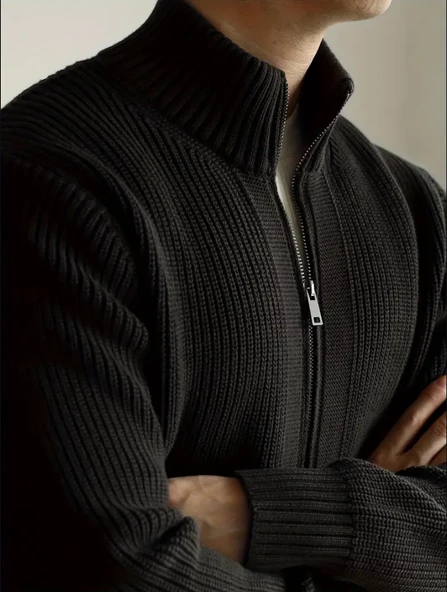 Erkek Dik Yaka Fermuarlı Slim Fit Triko Hırka