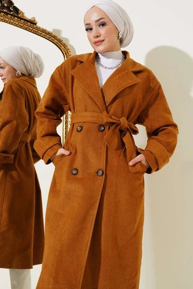 Kol Düğmeli Kaşe Kaban Hardal - Resim 2