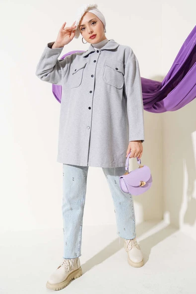 Çift Cepli Kaşe Gömlek Gri - 2