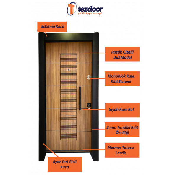 TEZ-1593 Statik Kasalı Rustik Çizgili Model Çelik Kapı, Daire Kapısı, Villa Kapısı - 2