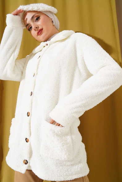 Düğmeli Peluş Hırka Ekru ürün görseli 1