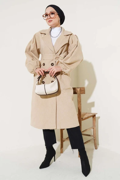 Balon Kol Kuşaklı Kaşe Kaban Bej - Resim 2