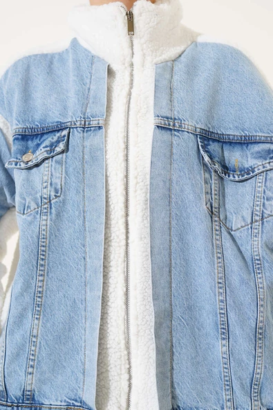 Kot Garnili Fermuarlı Peluş Ceket Mavi - Resim 4