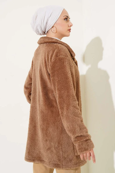 Düğmeli Peluş Hırka Kahve - Resim 3