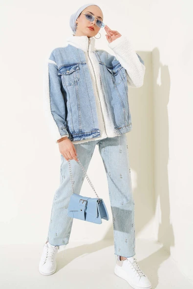 Kot Garnili Fermuarlı Peluş Ceket Mavi ürün görseli 1