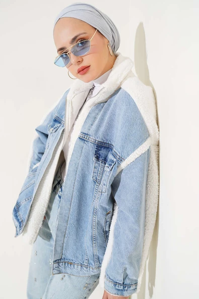 Kot Garnili Fermuarlı Peluş Ceket Mavi - Resim 2