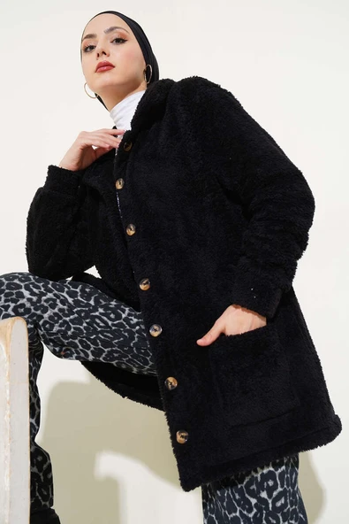 Düğmeli Peluş Hırka Siyah ürün görseli 1