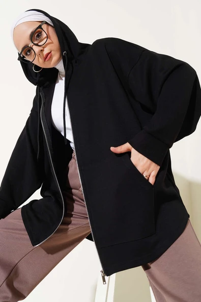 Loyşa Kapüşonlu Fermuarlı Hırka Siyah - Resim 2