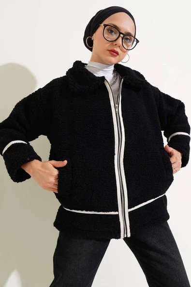 Deri Biyeli Fermuarlı Peluş Ceket Siyah - Resim 2