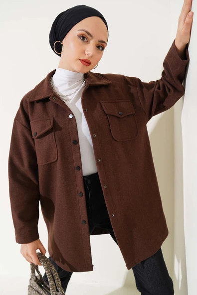 Çift Cepli Kaşe Gömlek Kahve - 2