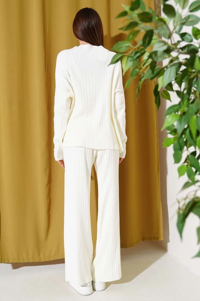 Kol Düğme Detaylı Triko İkili Takım Ekru - 3