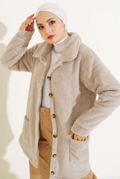 Düğmeli Peluş Hırka Bej ürün görseli 1