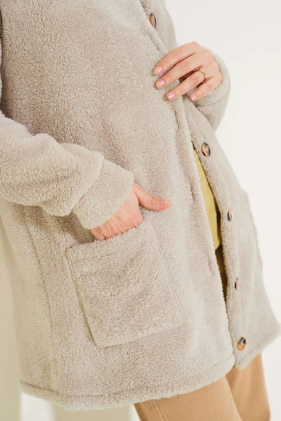 Düğmeli Peluş Hırka Bej - Resim 4