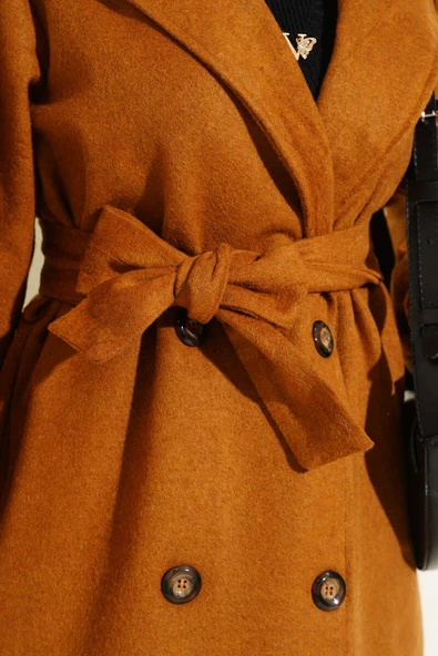 Balon Kol Kuşaklı Kaşe Kaban Hardal - Resim 4