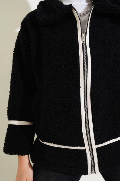 Deri Biyeli Fermuarlı Peluş Ceket Siyah - Resim 4