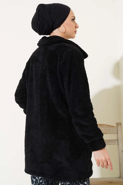 Düğmeli Peluş Hırka Siyah - Resim 3