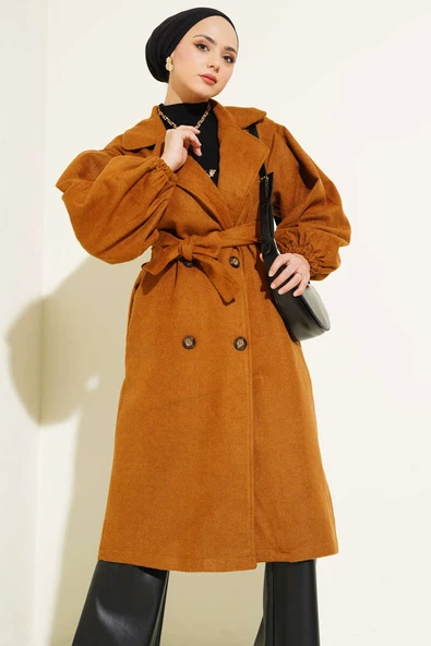 Balon Kol Kuşaklı Kaşe Kaban Hardal ürün görseli 1