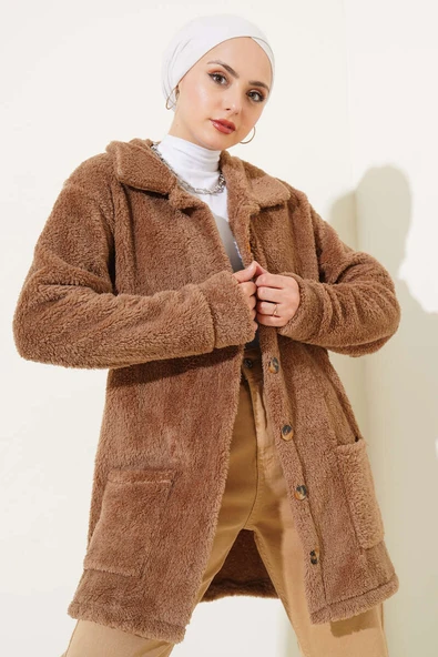 Düğmeli Peluş Hırka Kahve ürün görseli