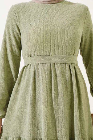 Kuşaklı Ağaç Kabuğu Elbise Mint - Resim 4
